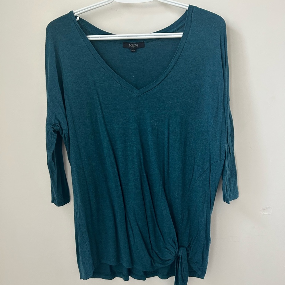 Eclipse Blue Tie Front Relaxed Blouse 3/4 Sleeve